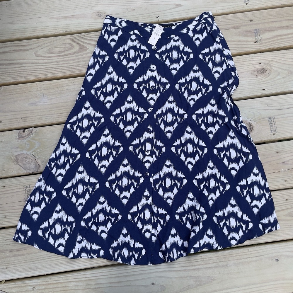 NWT Talbot's Navy Blue & White Ikat Print Flared Midi Skirt Sz 4p Coastal